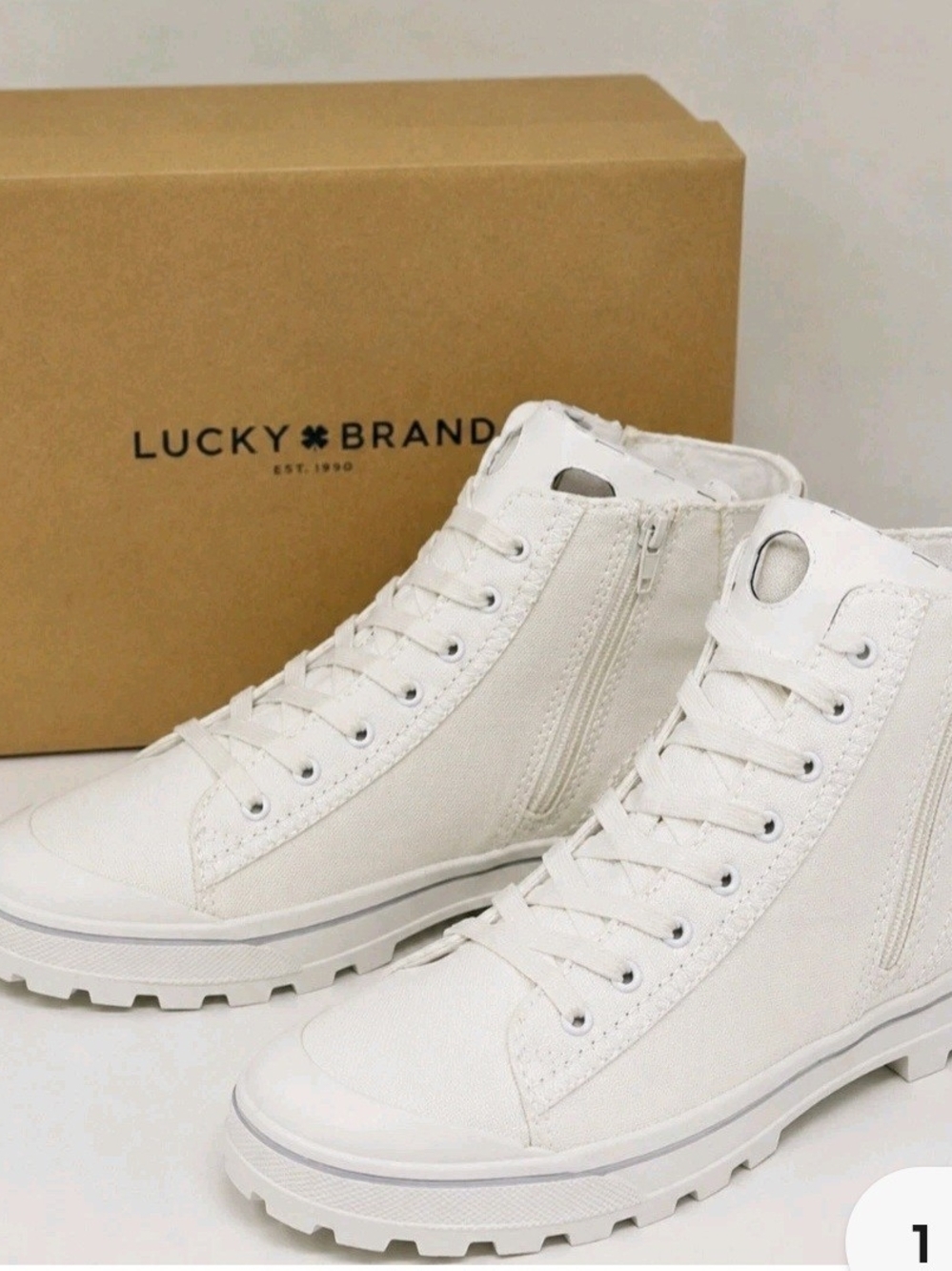 NWB Lucky Brand White High Top Sneakers Side Zip Lug Sole Women's 8.5